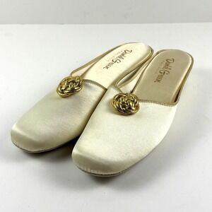 Daniel Green Vintage Satin Mule Slippers Womens 8 Ivory Gold Knot USA Made